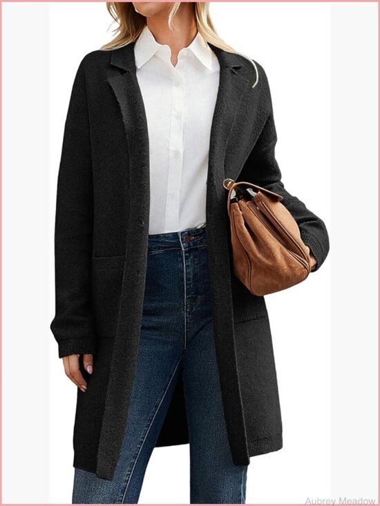 Sweaters - Womens Long Cardigan Sweater Blazer Open Front Knit Jacket w Pockets